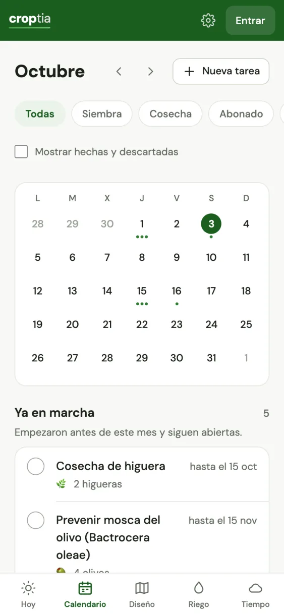 Calendario mensual de Croptia con siembras, podas, abonados y cosechas