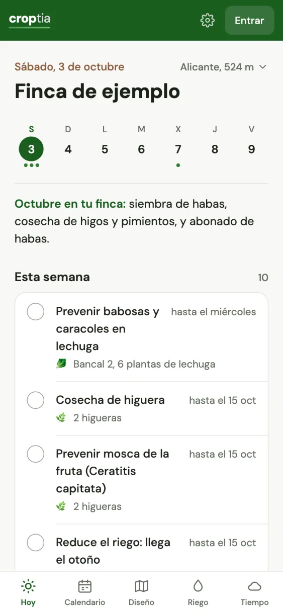 Pantalla Hoy de Croptia con las tareas de la semana de una finca de ejemplo